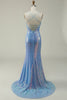 Załaduj obraz do przeglądarki galerii, Niebieskie Cekinowe Cienkich Ramiączkach Syrena Sukienka Na Studniówkę