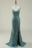 Załaduj obraz do przeglądarki galerii, Syrena Cienkich Ramiączkach Zielona Długa Sukienka Na Studniówkę Z Dzielonym Przodem