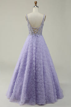 Fioletowa Długa Sukienka Na Studniówkę Z Kwiatami 3D