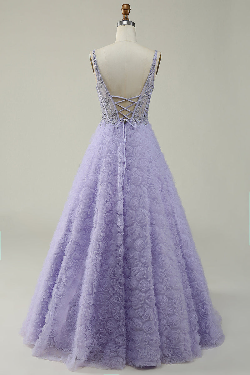 Załaduj obraz do przeglądarki galerii, Fioletowa Długa Sukienka Na Studniówkę Z Kwiatami 3D