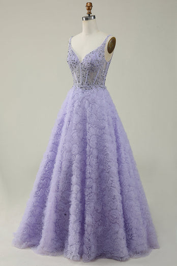 Fioletowa Długa Sukienka Na Studniówkę Z Kwiatami 3D