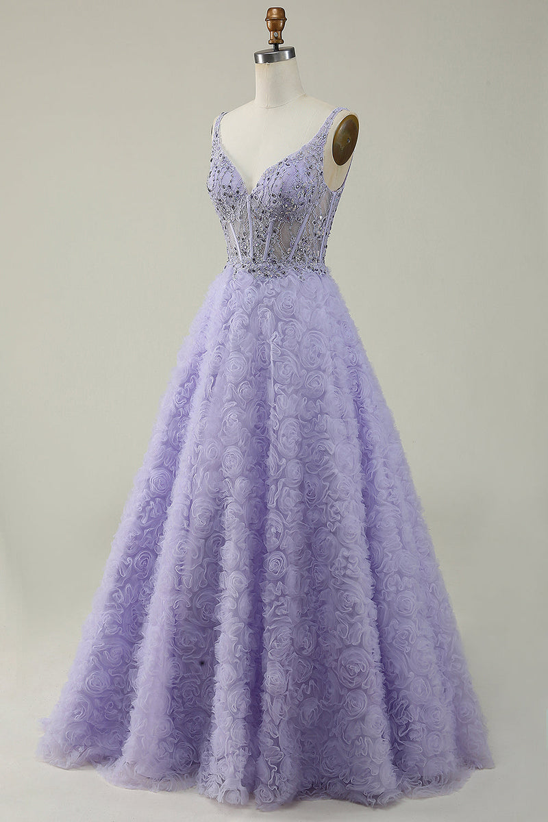 Załaduj obraz do przeglądarki galerii, Fioletowa Długa Sukienka Na Studniówkę Z Kwiatami 3D