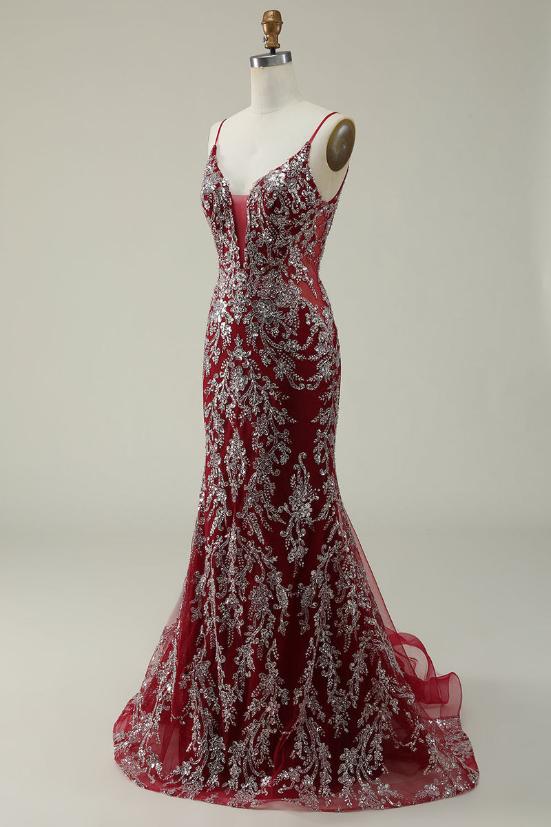 Załaduj obraz do przeglądarki galerii, Syrena Cienkich Ramiączkach Bordowa Długa Sukienka Na Studniówkę Z Brązowaniem