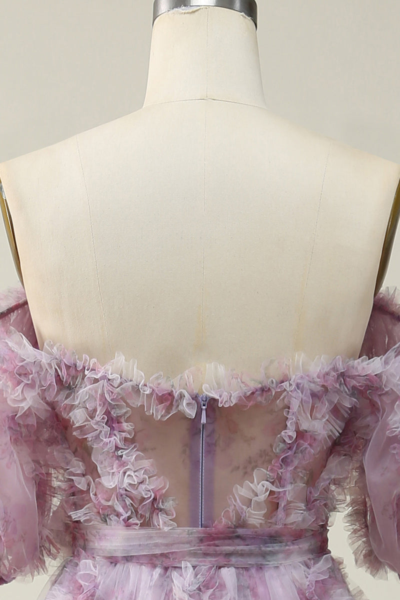 Załaduj obraz do przeglądarki galerii, Długa Fioletowa Linia Z Ramienia Sukienki Na Studniówke z Nadrukiem